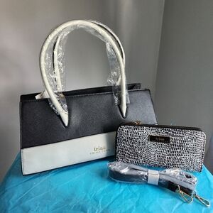 Trina Turk Black and White ColorBlock Satchel 2pc set NWT